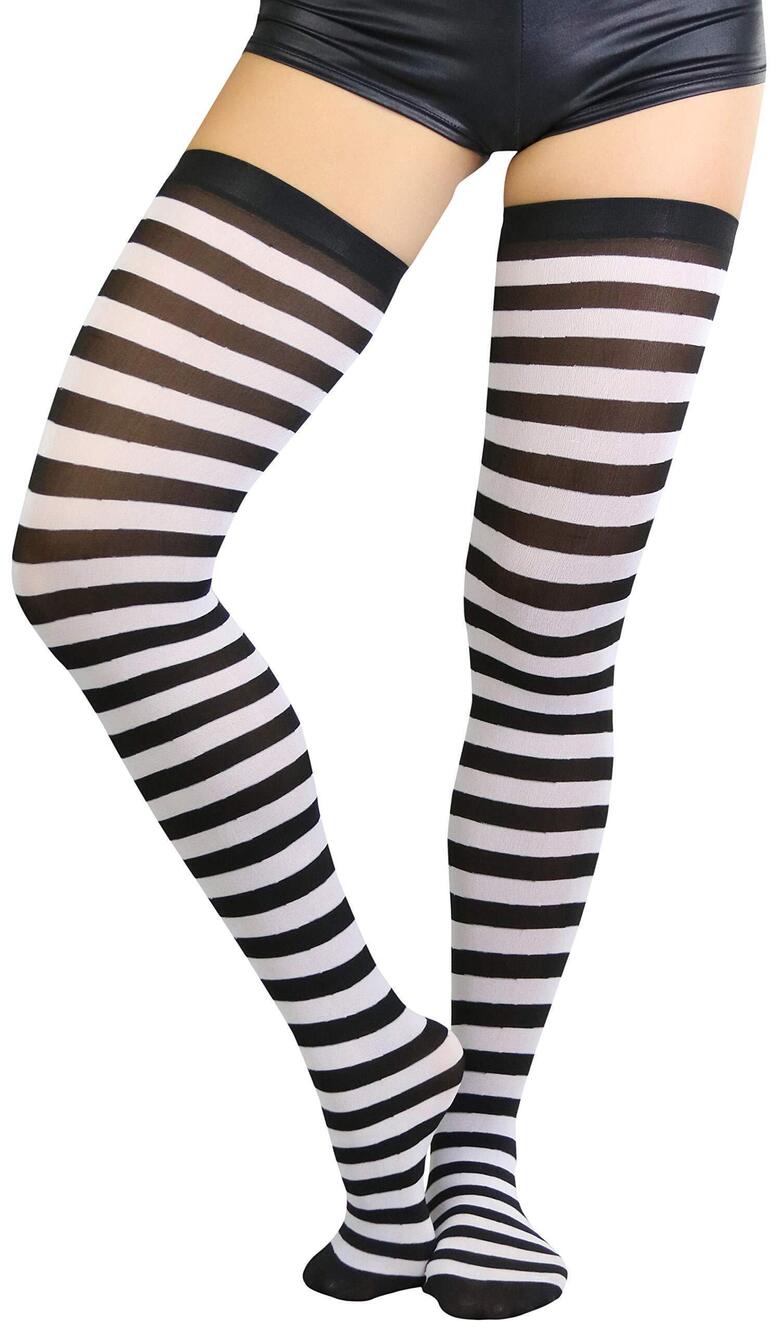7236 Horizontal Striped Thigh Highs - Black/White - 1X-2X
